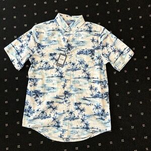 Chaps Men's Blue and White Palm Print Shirt